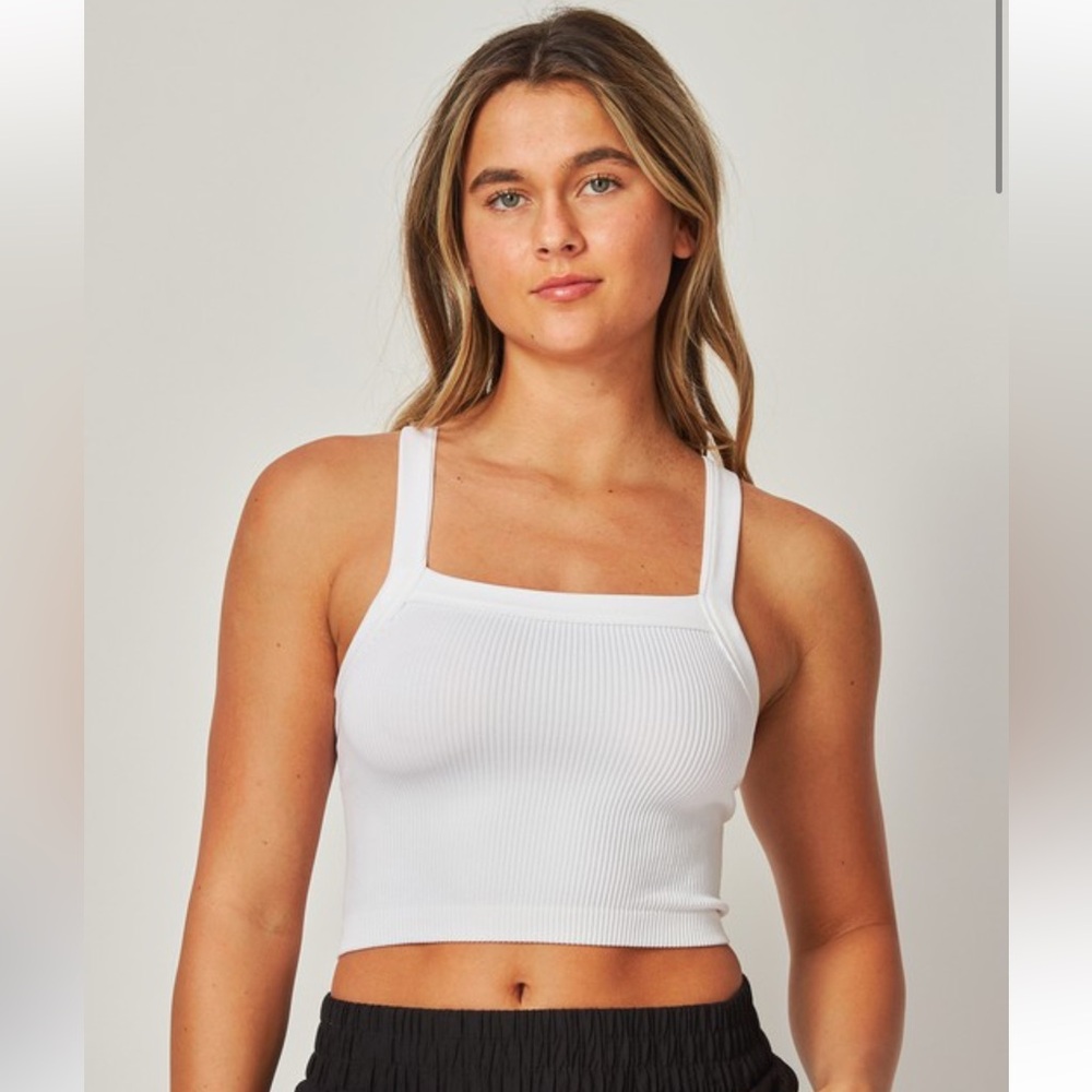 262. Ribbed Square-Neck White Crop Tank top in white